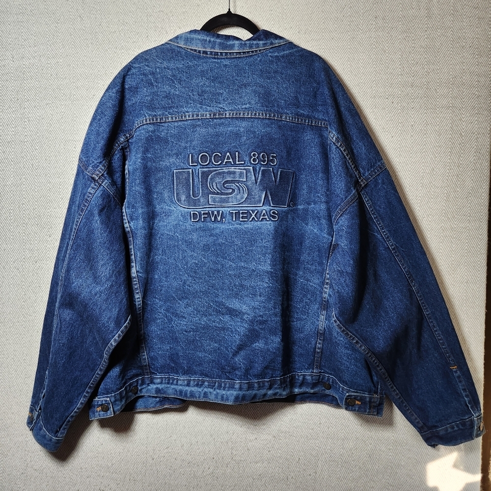 Vintage Made In USA 5XL Blue Denim Trucker Jacket Local 895 USW DFW Texas Logo